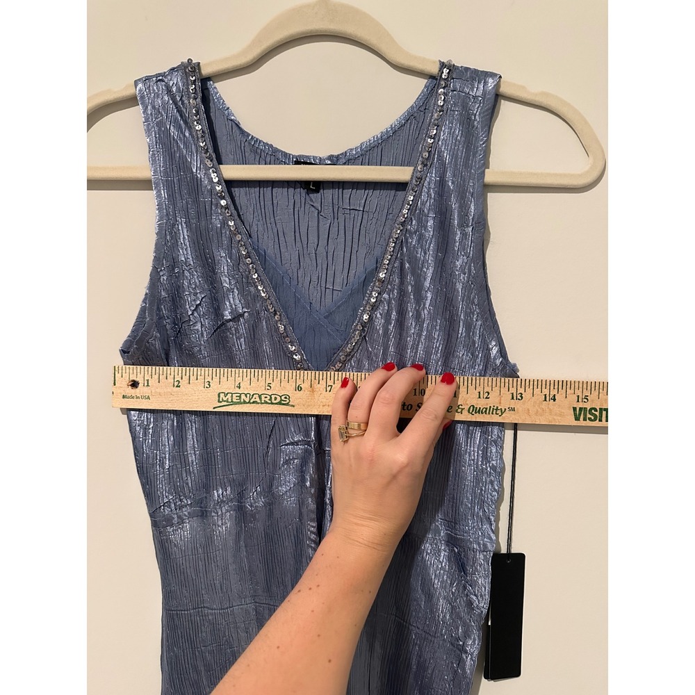 Komarov Blue Crinkle Pleated Sequin V-Neck Handkerchief Hem Midi Dress NWT L - Picture 5 of 7